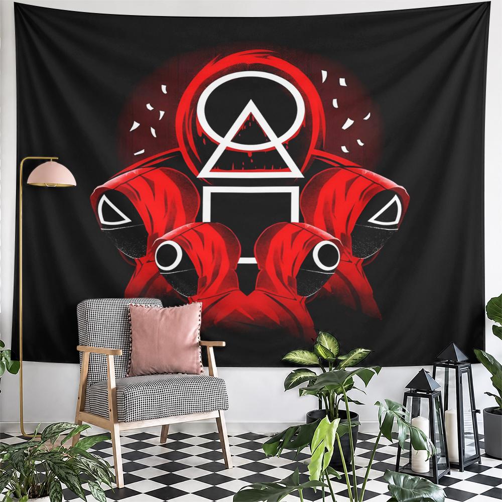 Landscape Wall Tapestry Squid Game Red Guards Symbols, Black Red, Wide Wall Decor for Adult Gamer Dorm Man Cave Gift