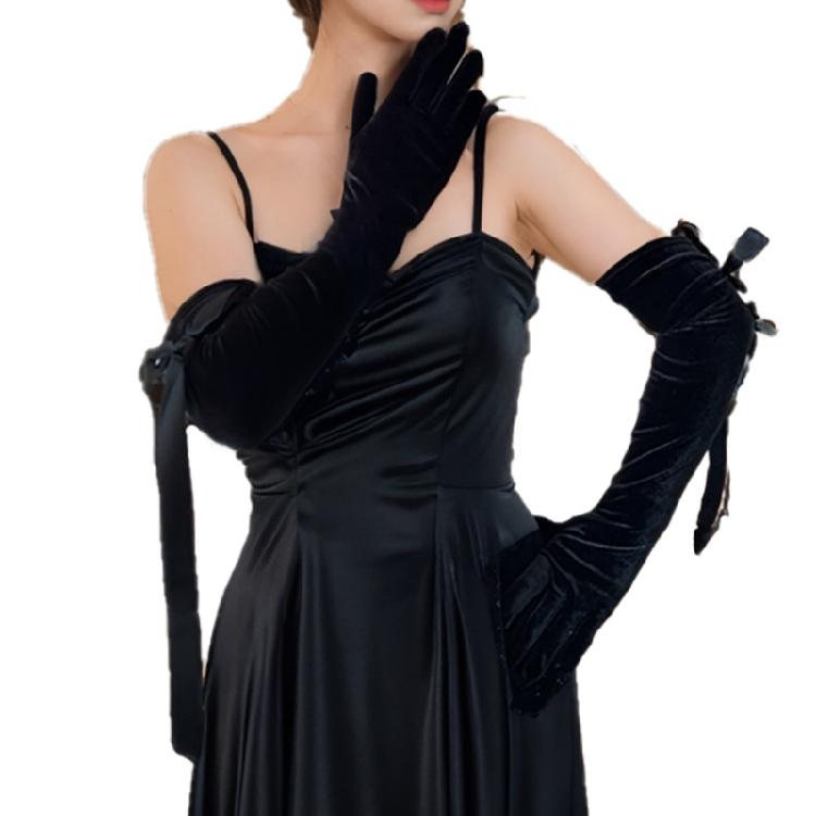 

Long Ribbon Gloves Ladies Evening Gloves with Ribbon Elbow Length Gloves For Wedding Evening Parties Dancing Party 1 чорний