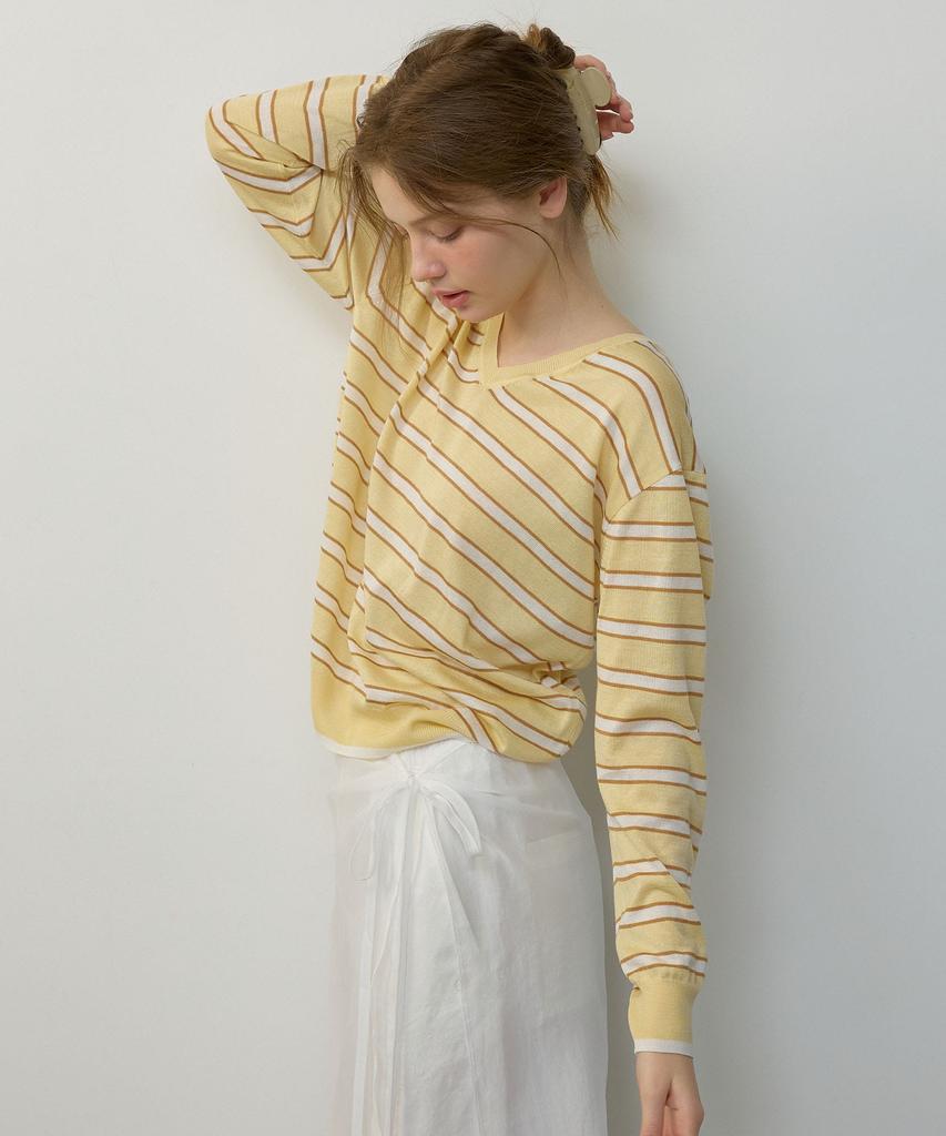 CITYBREEZE Linen V-Neck Striped Pullover Knit_Yellow