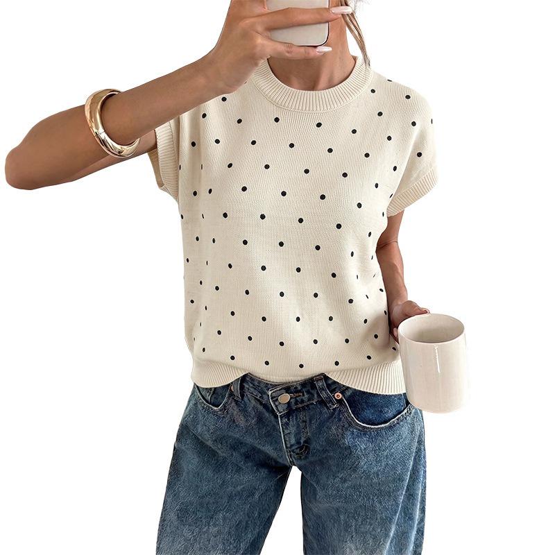 2026 Autumn Women's Polka Dot Knit T-Shirt: Round Neck, Short Sleeve, Loose Fit Sweater Style