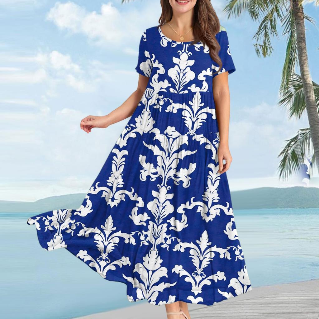 Dam Casual Lös Bohemisk Blommig Kortärmad Klänning