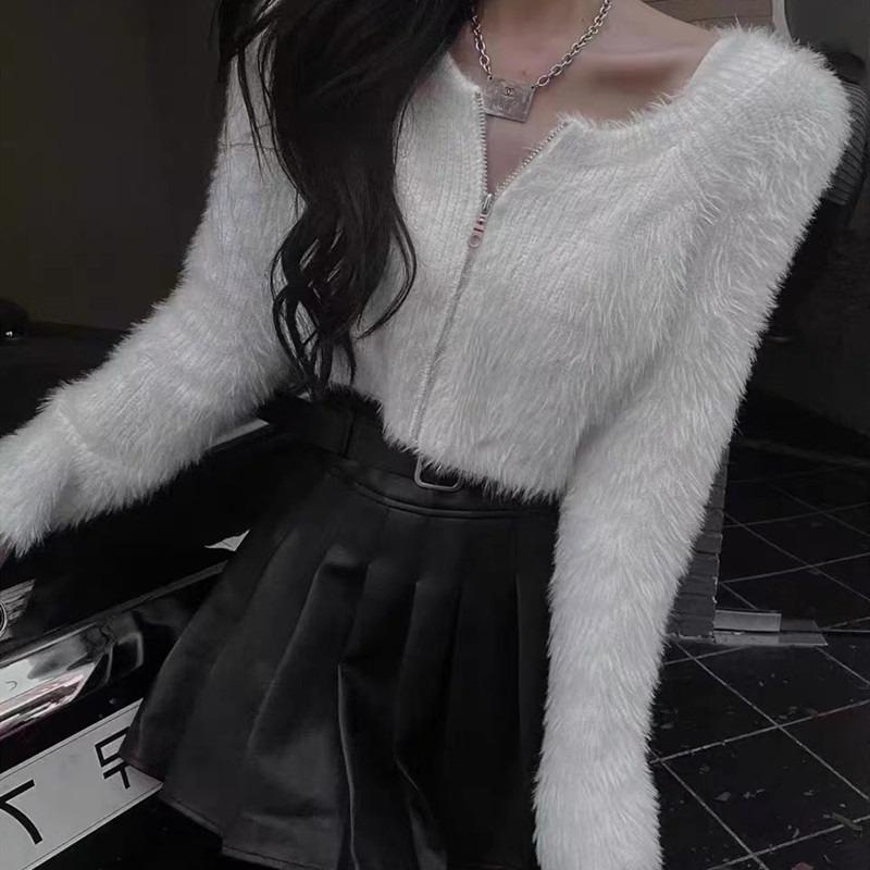 

Осень Зима Свитер Кроп с Молнией и Круглым Вырезом, Модный Женский Кардиган с Длинным Рукавом, Вязаная Короткая Куртка, Приталенный, Элегантный Уличный Стиль, Однотонная Одежда One Size белый