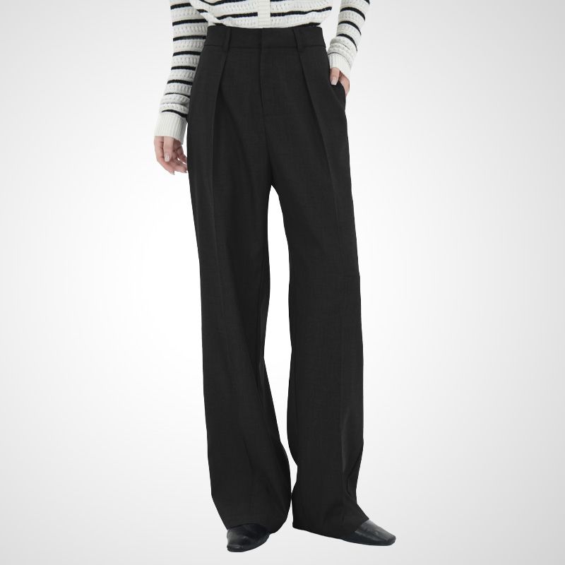 

Black and Gray Pleated Small People Show Thin and High Waist Casual Suit Pants Black XL