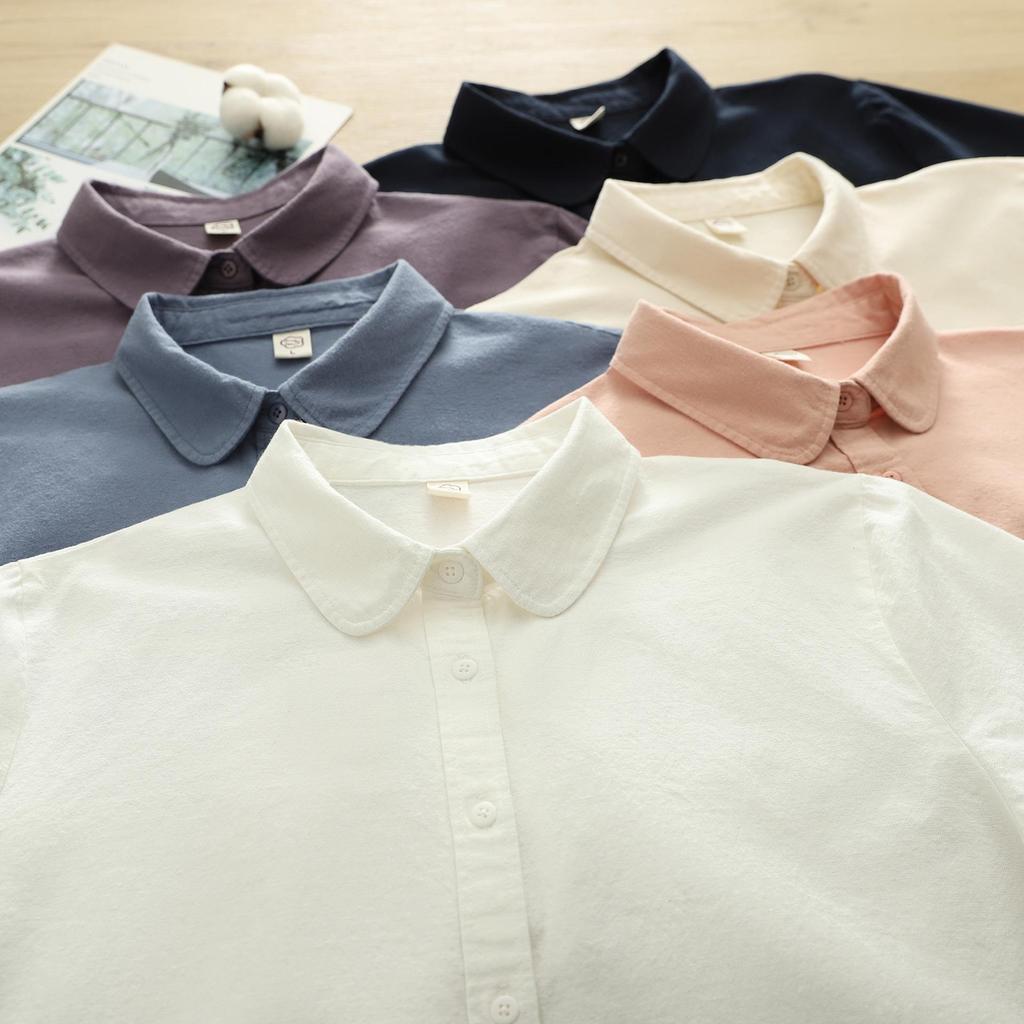 Women's Casual Round Neck Long Sleeve Brushed Cotton Shirt for Winter and Autumn