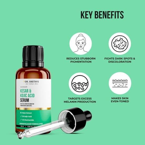 Dr. Sheth's Kesar & Kojic Acid Serum | Daily Use Pigmentation Fighting Serum | For Dark Spots | For Men & Women | 30ml