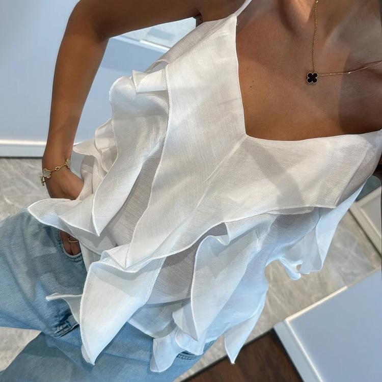 Summer women's clothing design ruffle edge sling vest new simple fashion casual versatile V-neck top