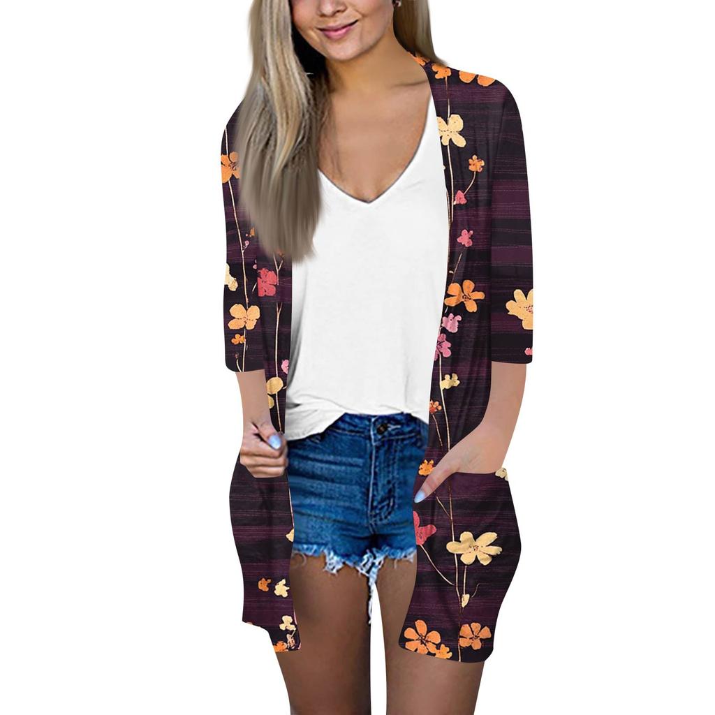 Women's Fashion Loose Casual Pocket Printed Cardigan Seven Sleeve Jacket Top