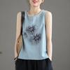 women floral print sleeveless tank top round neck casual loose fit linen blend blouse
