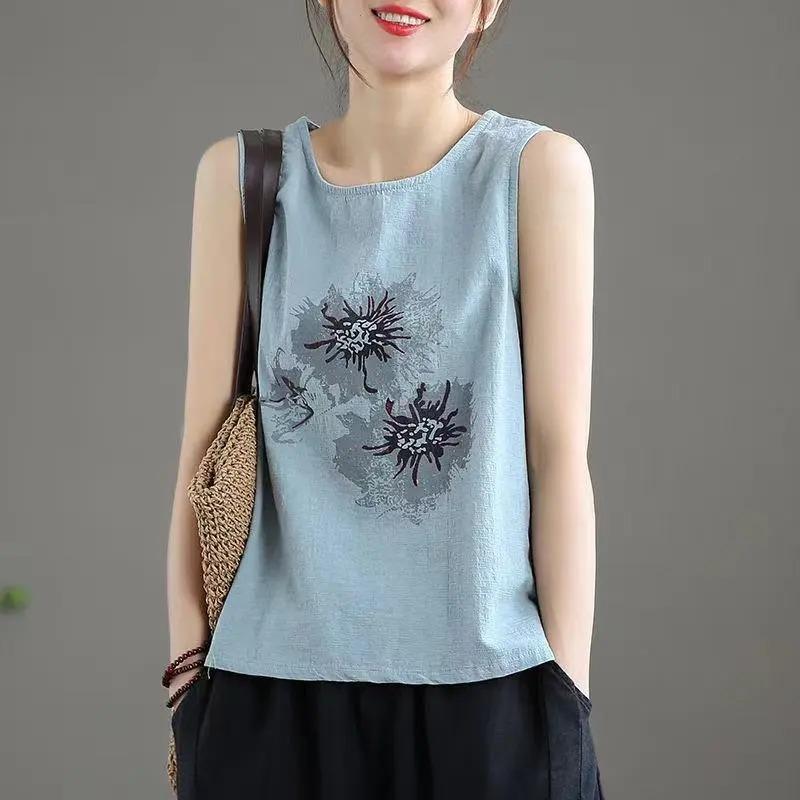 women floral print sleeveless tank top round neck casual loose fit linen blend blouse