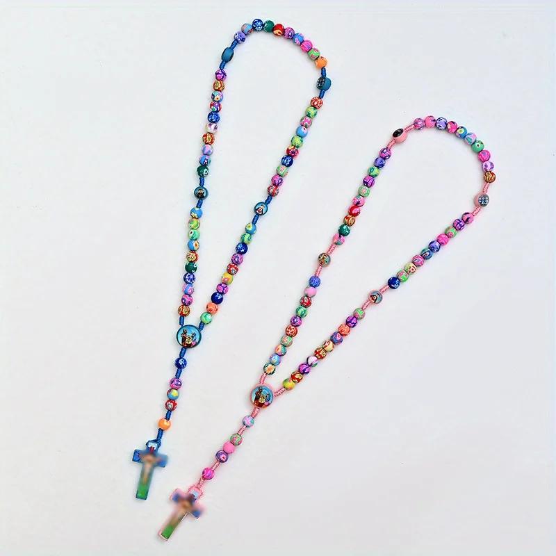 1 szt. Kreskówkowy Kolorowy Naszyjnik z Krzyżykiem Dziecięca Modlitwa i Bransoletka z Koralików do Chrztu Ręcznie Robiony Węzeł Naszyjnik z Miękkiej Ceramiki