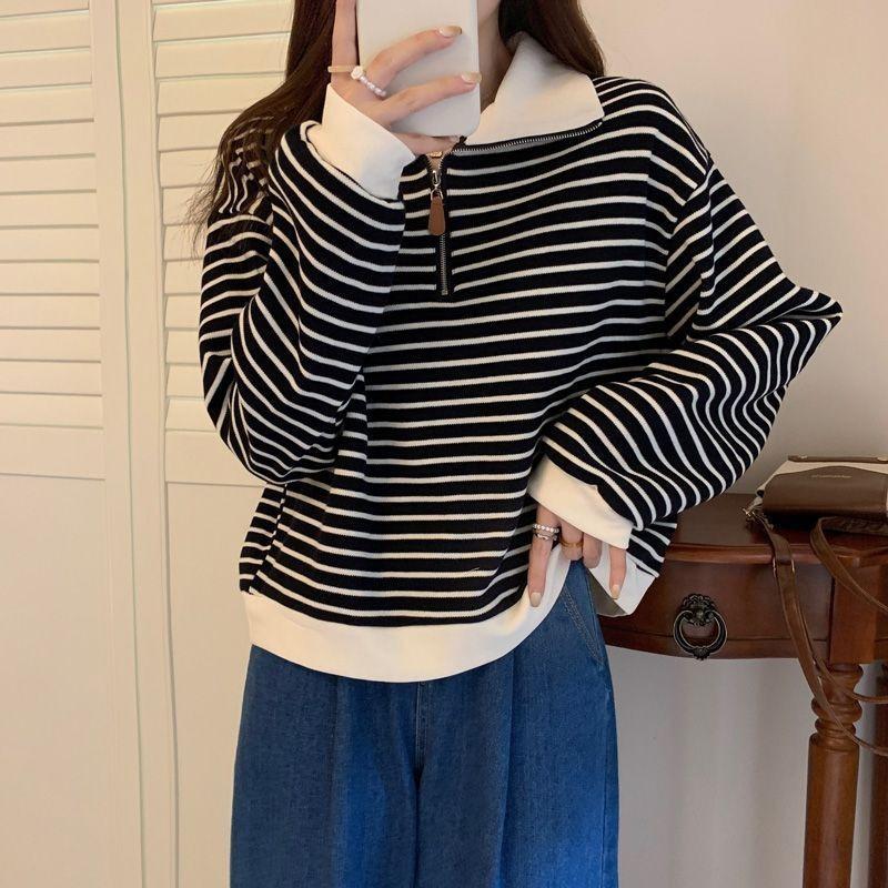 women half-zip striped sweatshirt polo collar long sleeve casual loose fit pullover top