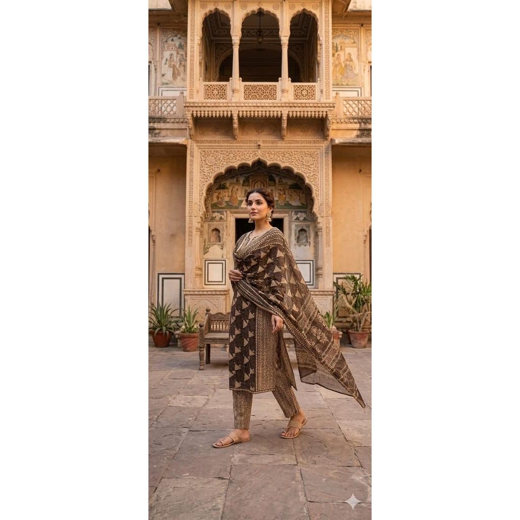 Beautiful Jaipuri Printed Kurti Pant Dupatta Set Women's Casual Wear Salwar Suit