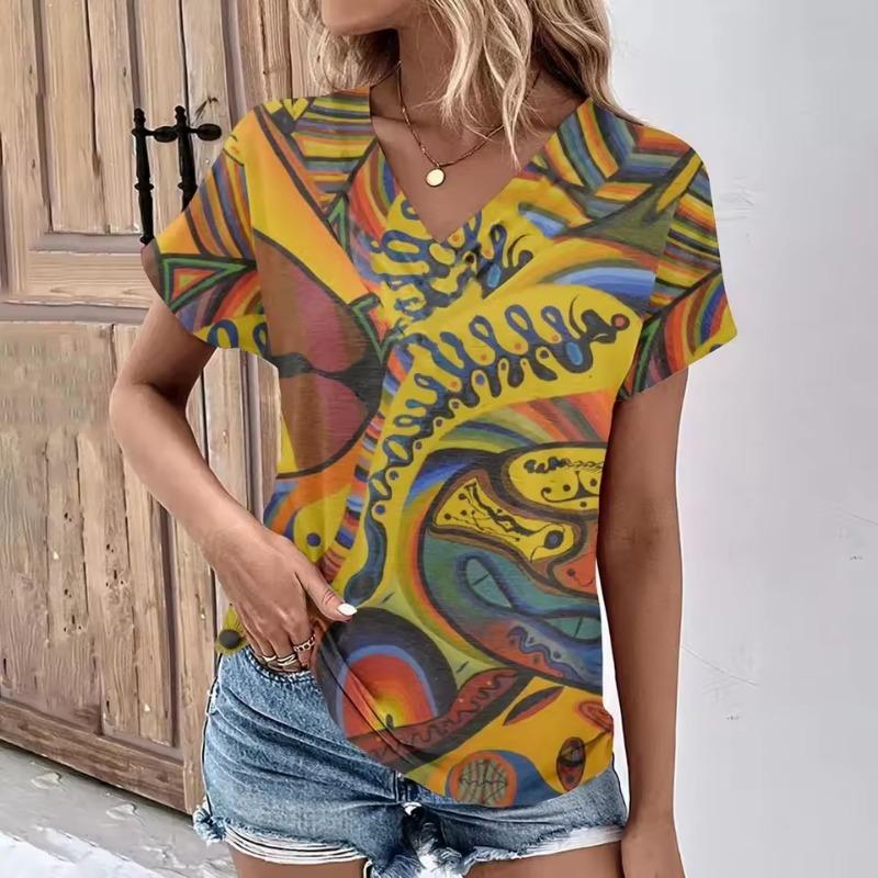 

Fashion Women s T-Shirts Fashion Tops V-Neck 3D Floral Print T Shirt Female Short Sleeve Top Casual Tees Summer Oversized Clothing S