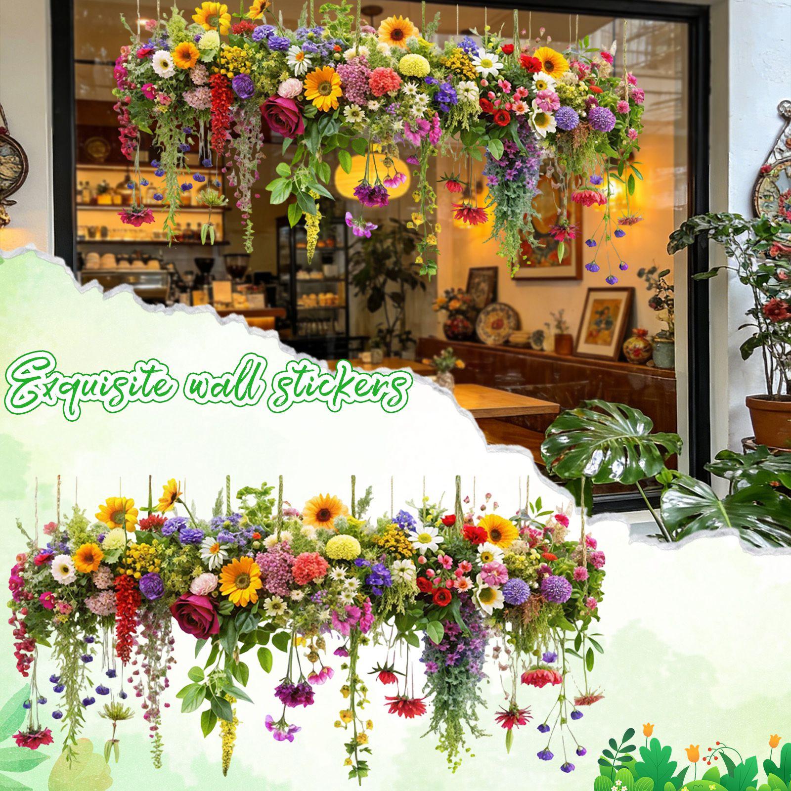 12’ X 24‘ Sunlight Colorful Static Glass Stickers, Fresh Retro Flower Vine Double-sided Visual Window Stickers One Size
