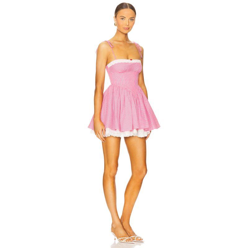 Sugar Snap Peas Girl French Style Pure Desire Sweet and Spicy Style Pink Plaid Embroidery Lace Stitching Gyaru Lace-up Sling Dress