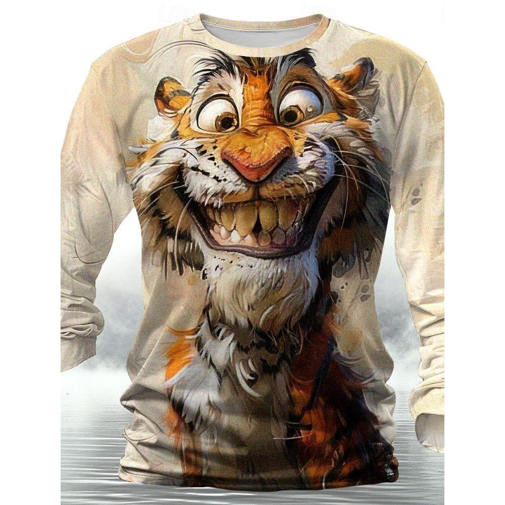 

Funny animal design retro men 3D printing street casual daily gray longsleeved round neck shirt spring and autumn clothing S