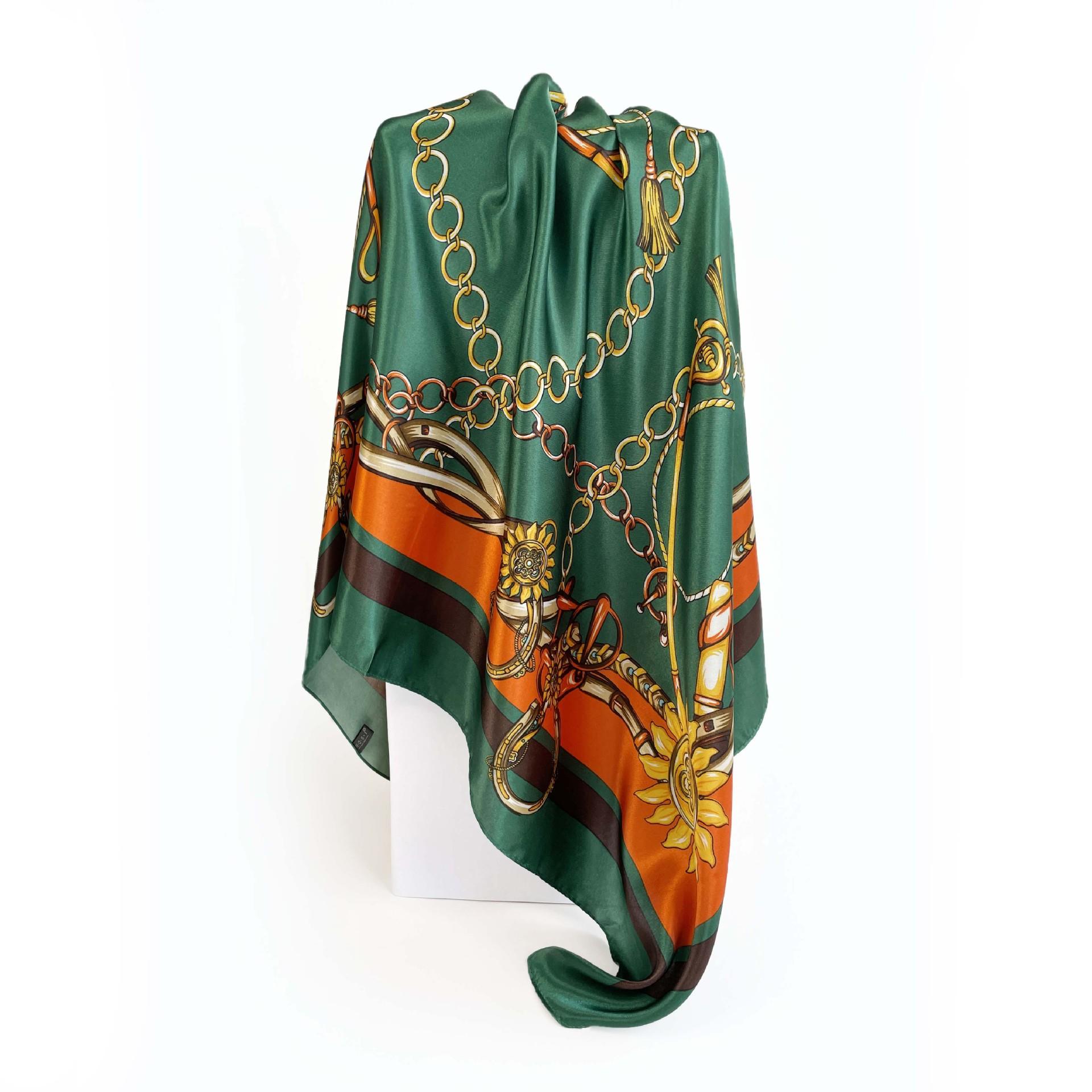Black and gold belt, fashionable silk scarf, affordable luxury chain, printed square scarf, headscarf, wrap top, faux silk satin for women