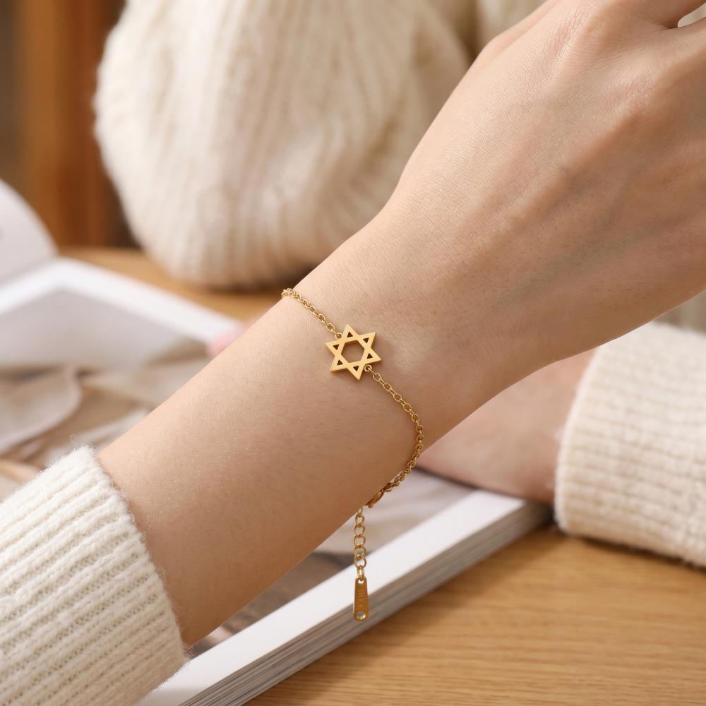 Hengshi Women's Geometric Hexagram Stainless Steel Bracelet - Trendy Simple Gold Star Design