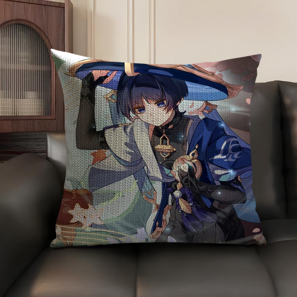 Scaramouche Genshin Impact Cushion Cover Natural Linen Organic Fabric Double-Sided Printing Sofa Home Decor Gift Pillow Case