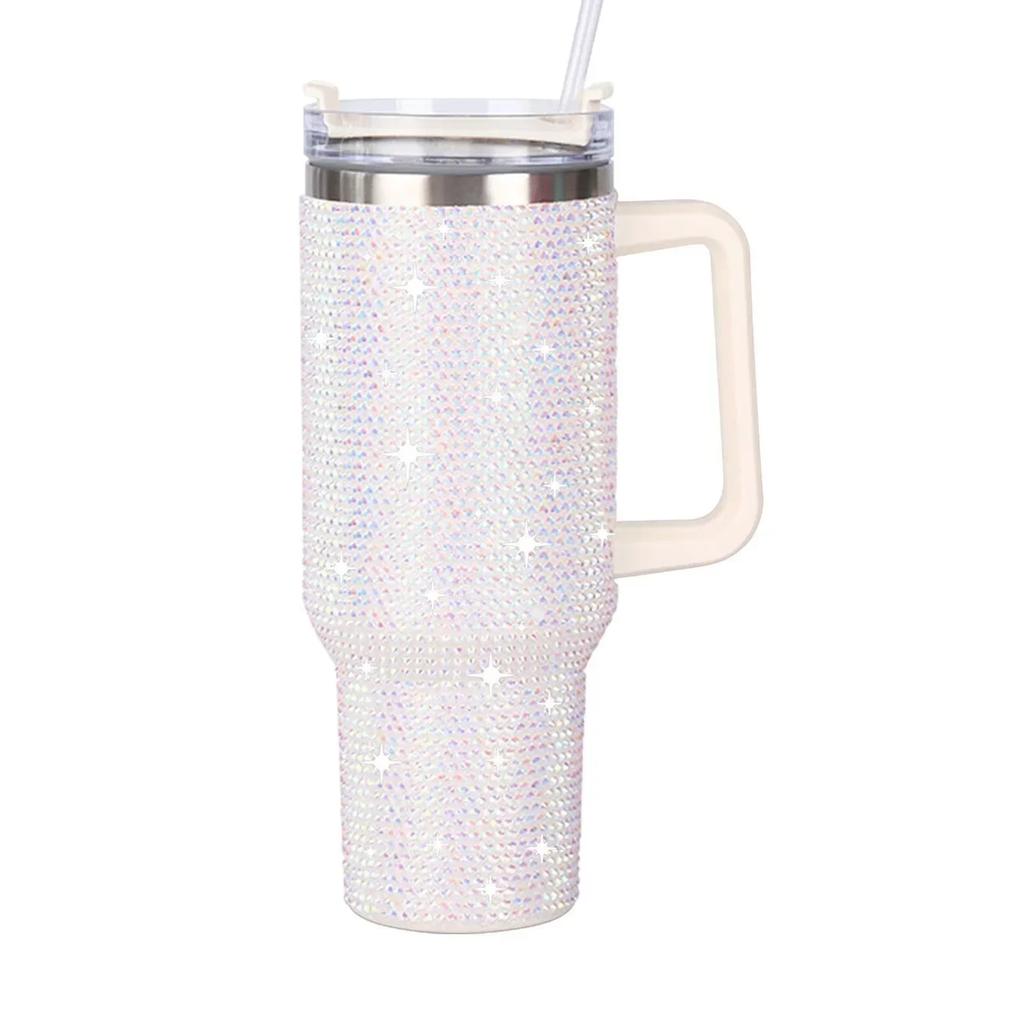 Diamond-encrusted Diamond Thermo Silver Water Cup Starbucks Cup Car Handle Cup 304 Steel Office Home