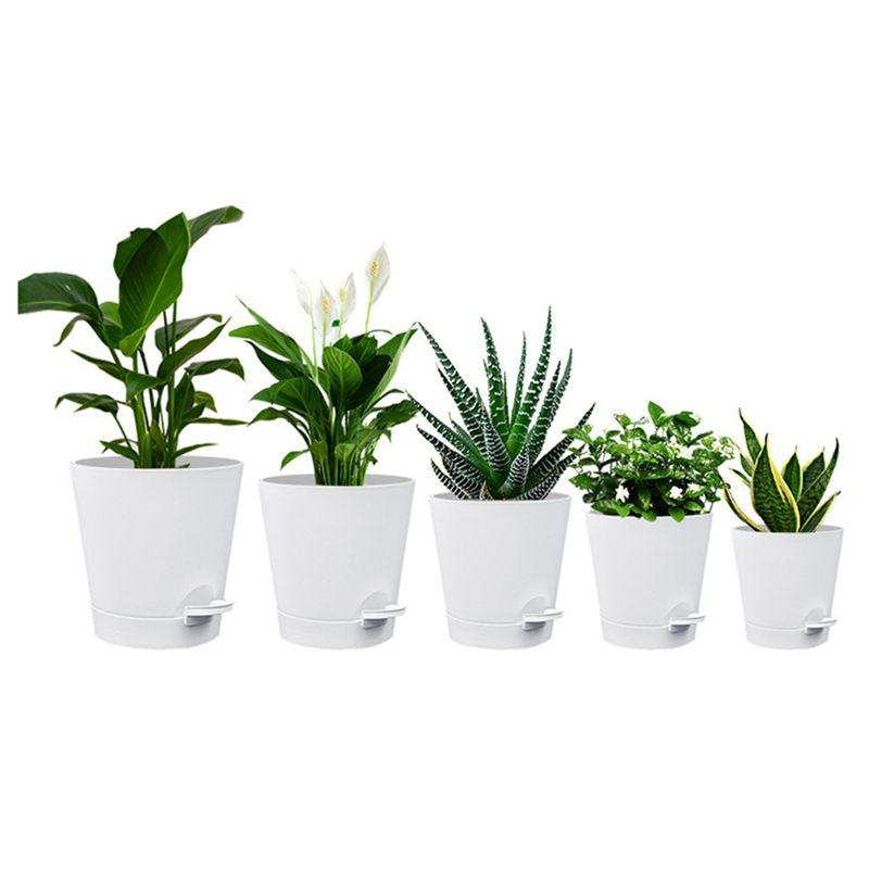 ABWR-5 Pack 5 Inch Self Watering Pots For Indoor Plants, Flower Pots Planter With Drainage Holes And Wick Rope White Easy Instal