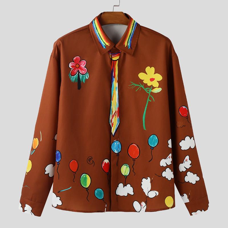 

INCERUN Oversized Men Lapel Neck Buttons Up Floral Print Casual Long Sleeve Shirts 5XL коричневий