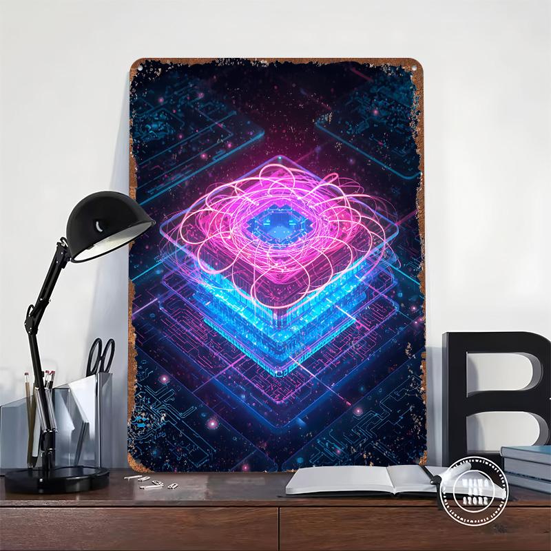 Abstract Glowing Circuit Board Layers Poster Customized Wall Art Vintage Metal Signs Retro Tin Plaque for Man Cave Home Decor