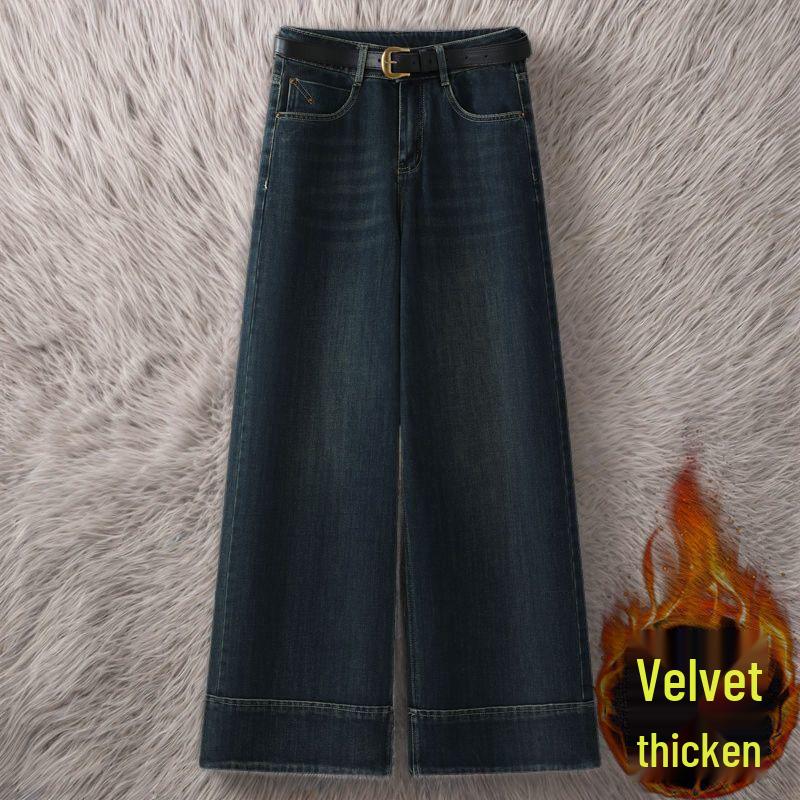 Women's High-End Fleece-Lined Thick Jeans - Autumn/Winter - Loose Straight-Leg, Small Sizes