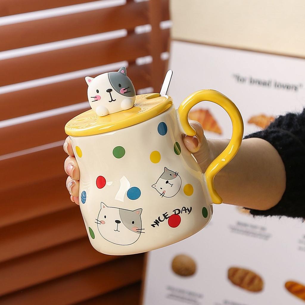 Polka dot animal cat mug with lid spoon gift box ceramic cup household water cup female cute office cup