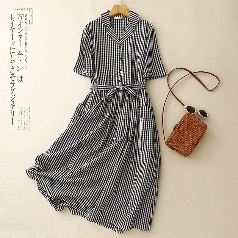 

2025 лето новое ретро платье из хлопка и льна в черно-белую клетку женское длинное платье со шнуровкой на талии с отворотами и короткими рукавами 2XL