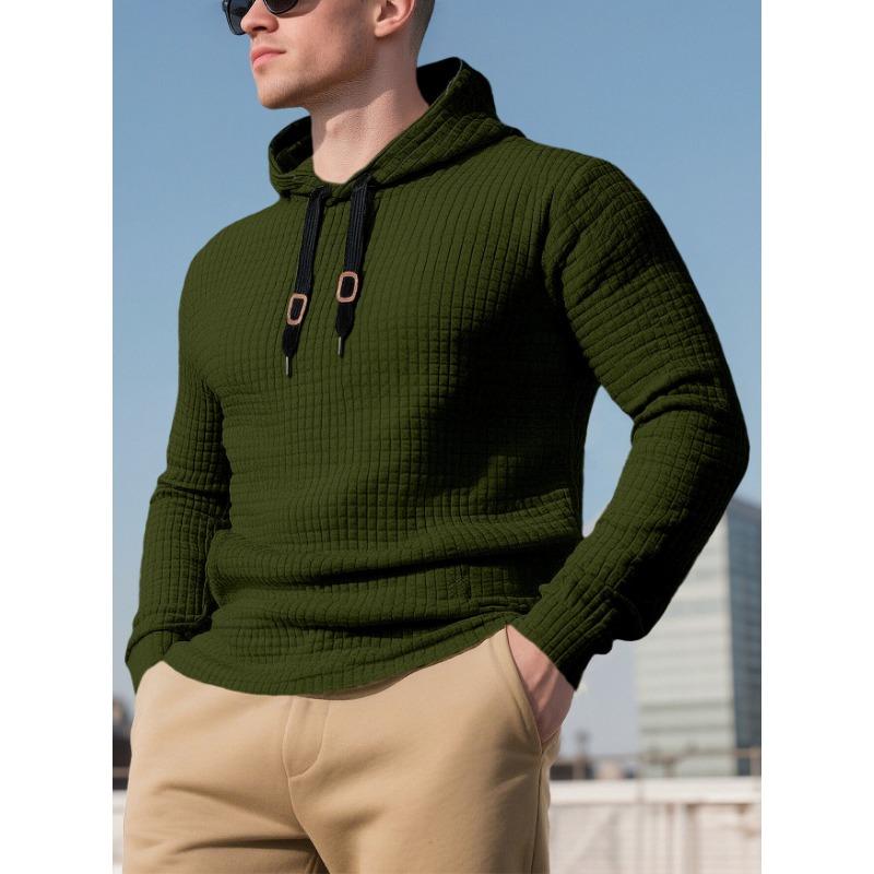 Mens Waffle Knit Hooded Sweatshirt Casual Loose Pullover Long Sleeve
