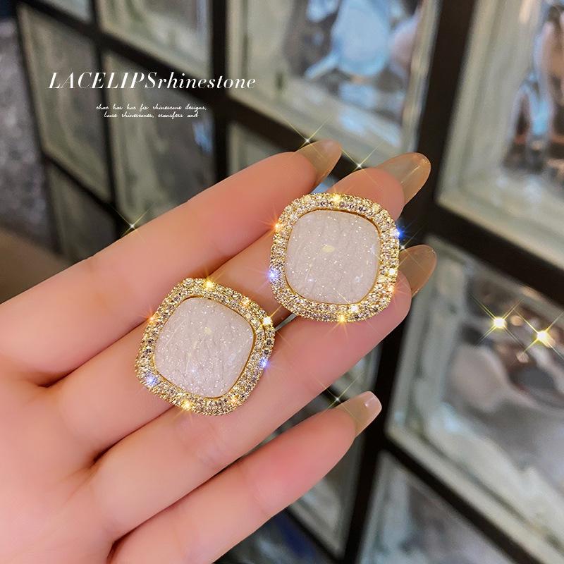 Elegant Rhinestone Geometric Square Double-Layer Stud Earrings for Women