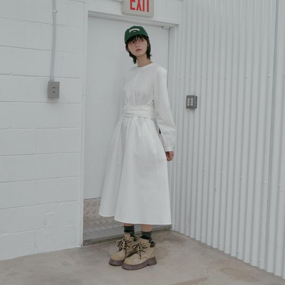 

Lap Henley Neck Waist Tie Long Dress As1wo262 WH (white)/FF