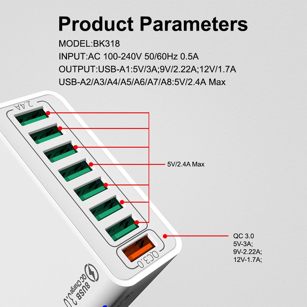 QC3.0 8-Port Multi-USB Fast Charger, 30W High Power, Compatible with US, EU, and Korean Specs, Colorful Design.