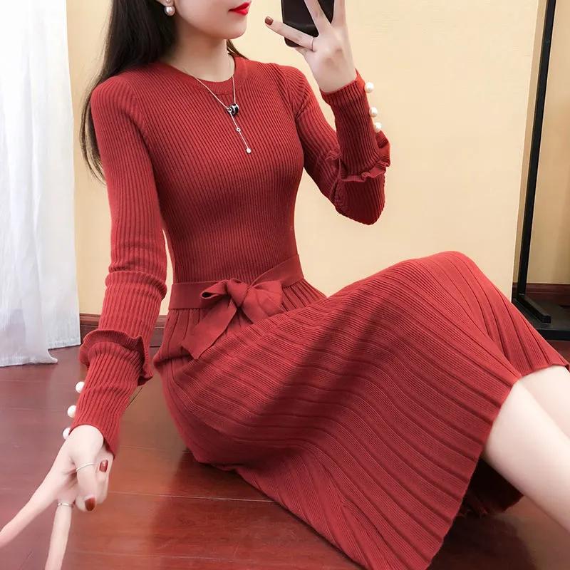 Pull d'automne pour femmes Robe slim couleur unie Élégantes robes tricotées mi-longues