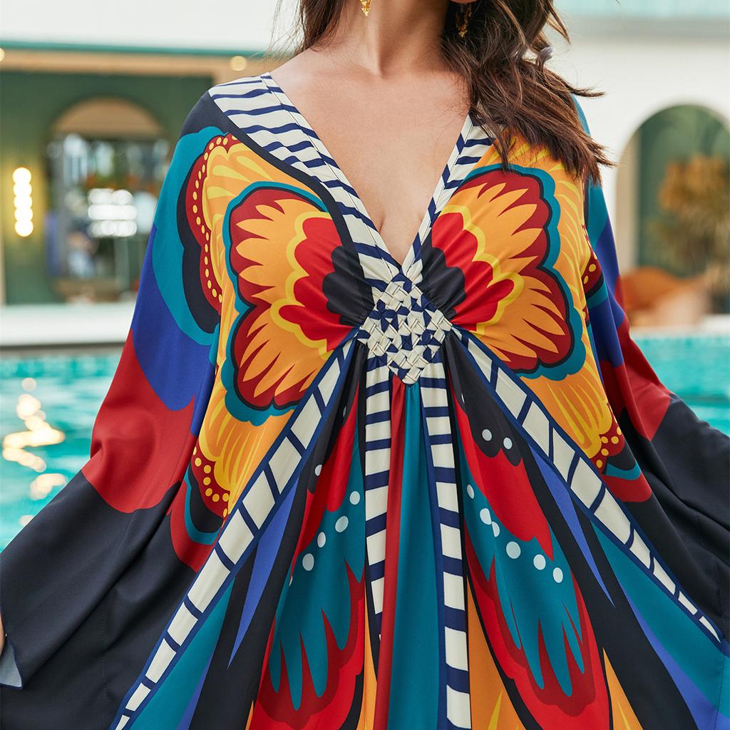 YYFS Damenmode Urlaub Sommer Frühling Mehrfarbig Schmetterlingsdruck Langarm V-Ausschnitt Freizeitkleider