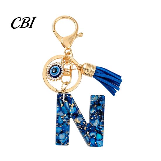 Portable Key Organizer Blue Series Keychain Pendant, Initial Letter Charm Chain with Eyes Tassel Design, A-Z Holder for Bags Backpacks Cars