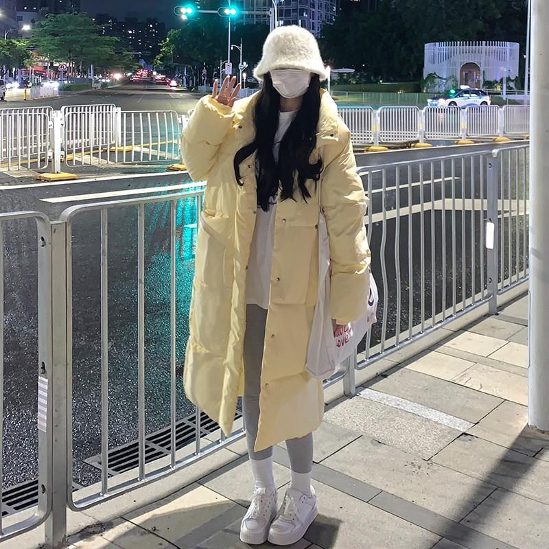 Womens Long Winter Coat Over-Knee Thick Puffer Cotton-Padded Outerwear Slim Fit Hoodless Stand Collar