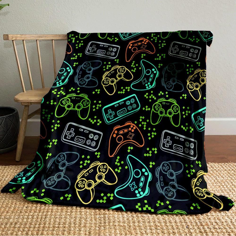 Colorful Video Game Controllers and Pixel-like Shapes On a Black Background. for All Seasons Blanket Lunch Break Throw Gift