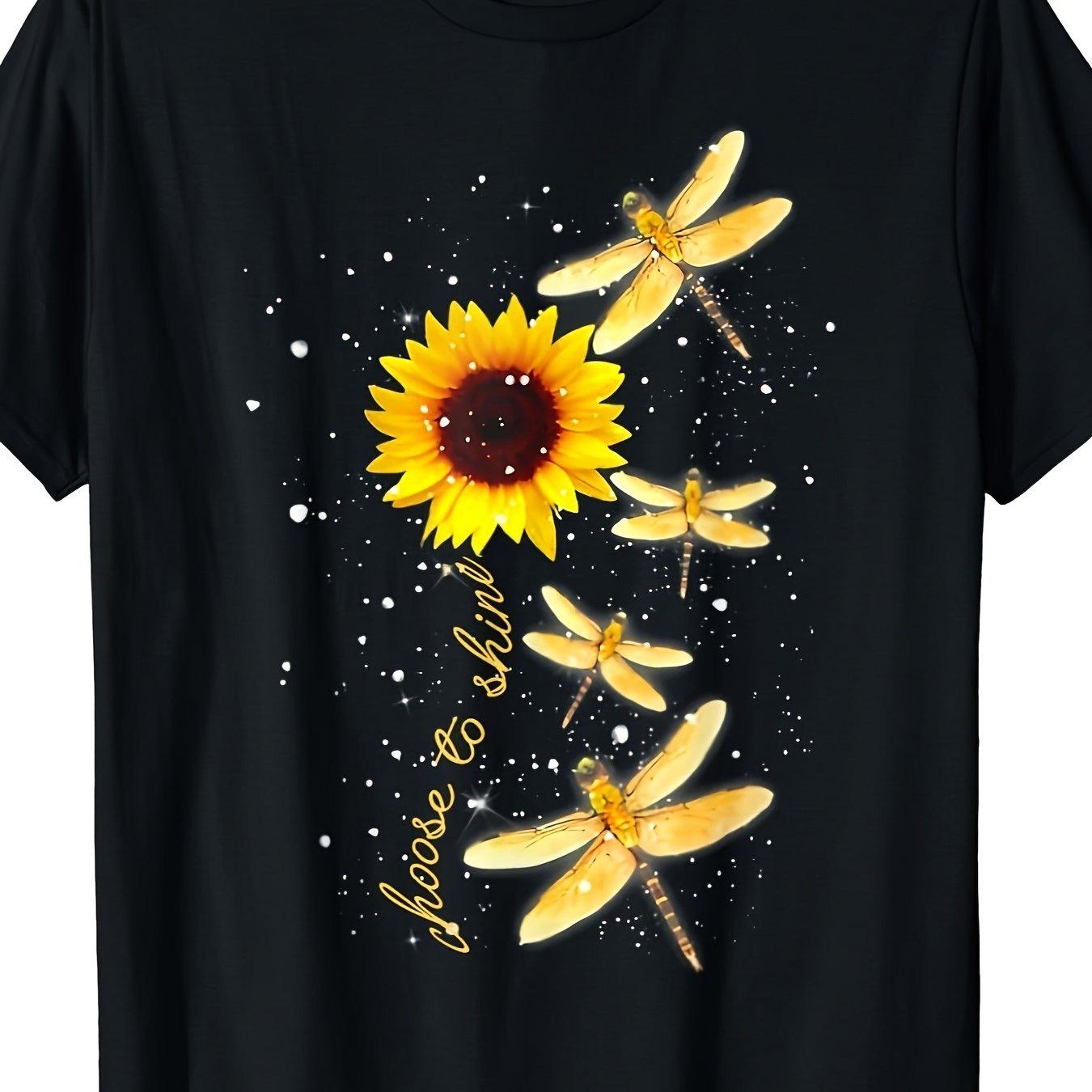 

Sunflower Dragonfly Choose to Shine Graphic Mens Casual Cotton TShirt Breathable Short Sleeve Tee 4XL