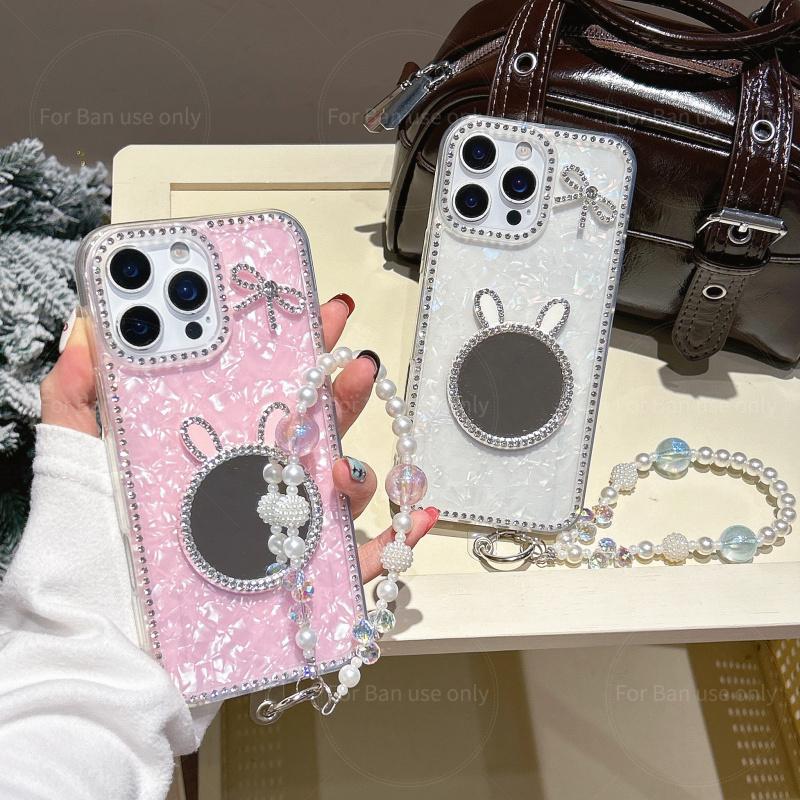 Cute Bright Diamond Phone Case For Samsung Galaxy S2 26 Ultra S24 23 Plus A36 6 Rabbit Shape Mirror TPU Short Chain Cover