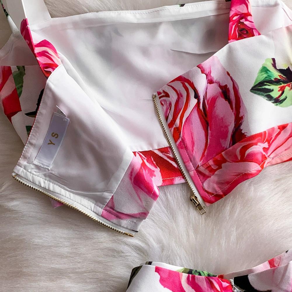 Summer Designer Rose Print Runway 2 Piece Set Women's Spaghetti Strap Vest Tops And Long Midi Skirt Holiday Beach Suit