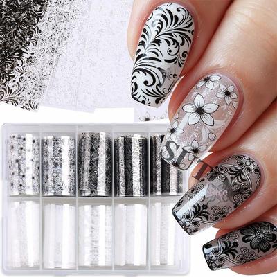 10 Rolls Nail Transfer Foils Sticker Black White Red Lace Flowers Nail Art Nail Charms Diy Nail Decoration Manicure Accessories
