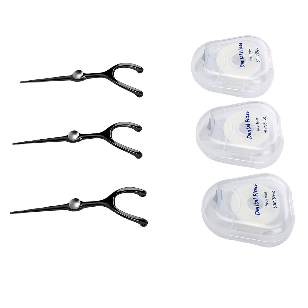 3pcs Metal Floss Tool 360 Degree All Round Cleaning Detachable Portable Reusable Floss Picks for Home Travel Black