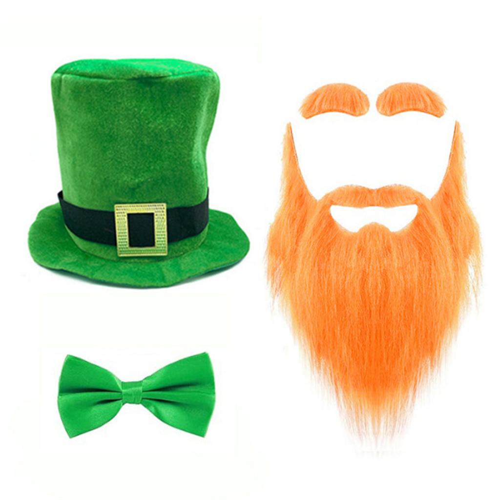 Green Tall Hat Beard for Saint Patrick Day with Bowtie Festival Decors Irish National Day Gathering Party Costume Props