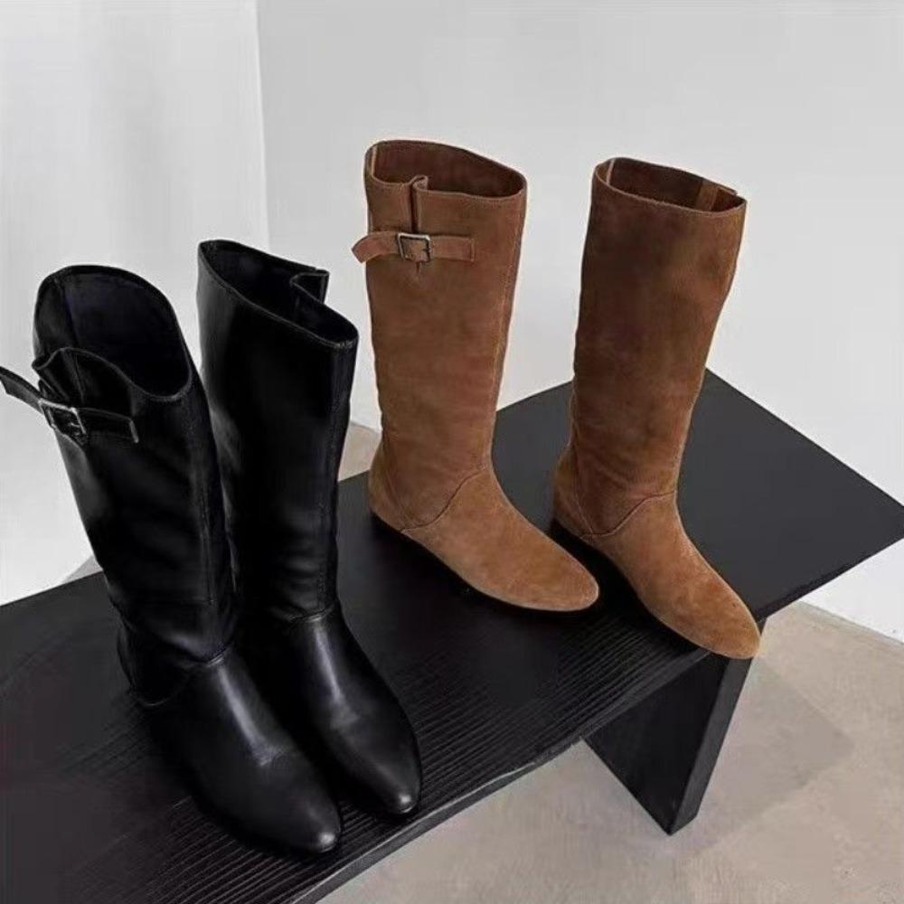Fashion Medium Boots Women Winter Retro Inner Heightening Folds Piled Shoe Round Head Low Heel Belt Buckle Knight Boots Long Shoes Women