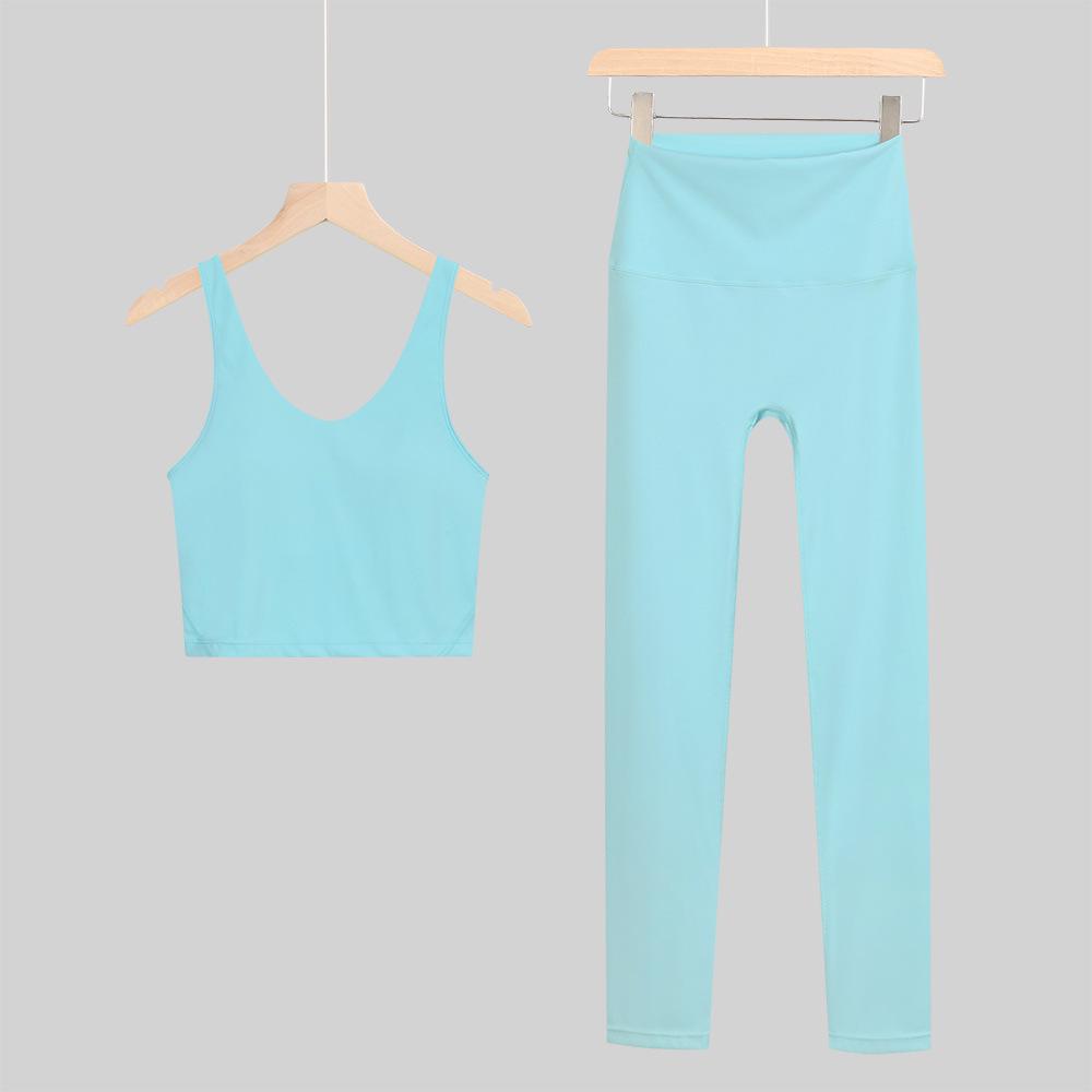 Lulu U-Back Sports Tank & 9-Point Yoga Pants Set with Bare-Feel Push-Up Bra for Women's Fitness
