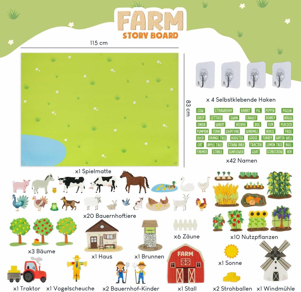 BONNYCO Felt Board with 92 Farm Animals Figures. Montessori Toys and Birthday Gifts for Children from 3 to 8 Years.  Farm Educational Games