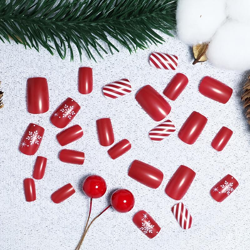 24pcs Glossy Medium Square Fake Nails, Christmas Press On Nails With Red White Stripe And Snowflake Design, Full Coverage False Nails For Women Girls