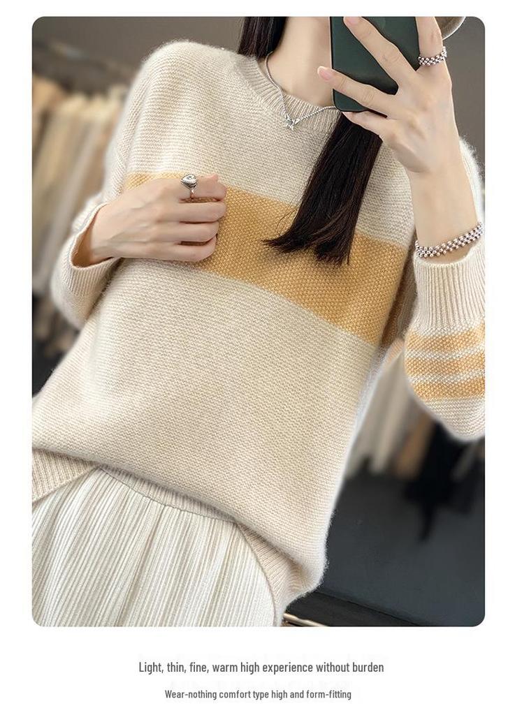 Women's Pure Wool Color Block Round Neck Sweater - Long Sleeve, Loose Fit, Autumn/Winter Knit Top